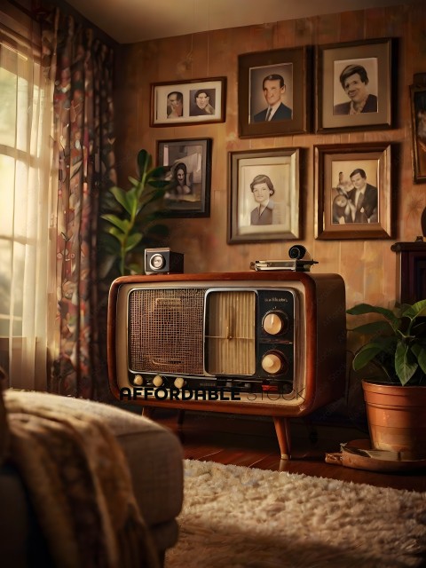 A vintage style television set with a brown wooden frame