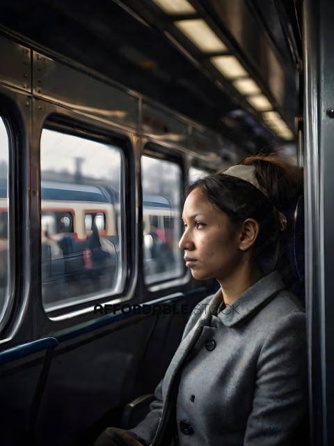 A woman in a gray jacket sits on a train