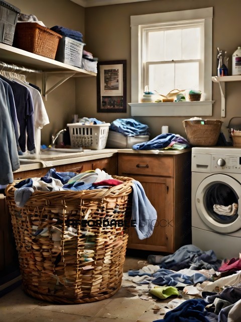 A messy laundry room with a washer and dryer