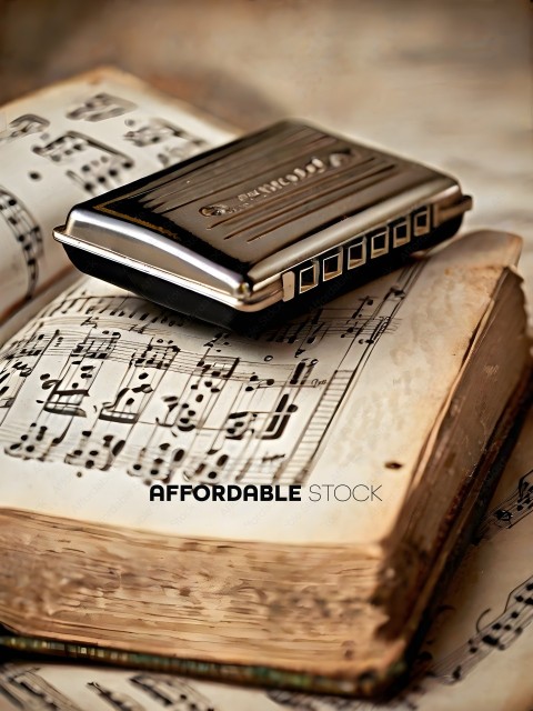 A silver and black music box with a book in the background