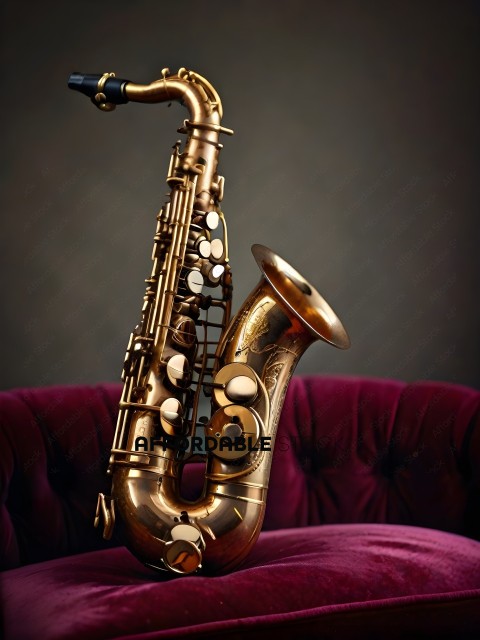 A gold saxophone with a brown mouthpiece