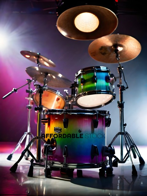 A colorful drum set with a rainbow finish