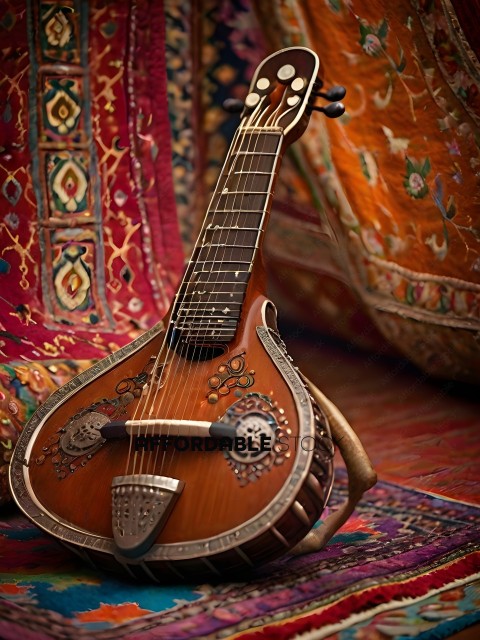 A handmade guitar with intricate designs
