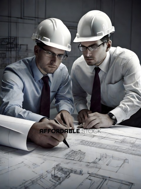 Two men in suits and hard hats looking at blueprints