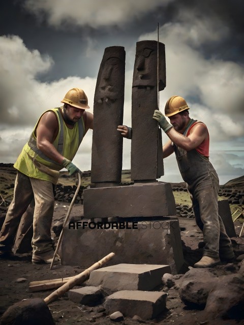 Two men working on a monument