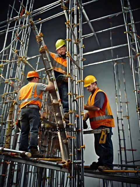 Three construction workers on a scaffolding