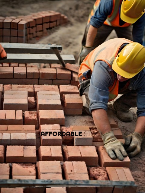 A construction worker examines a brick wall