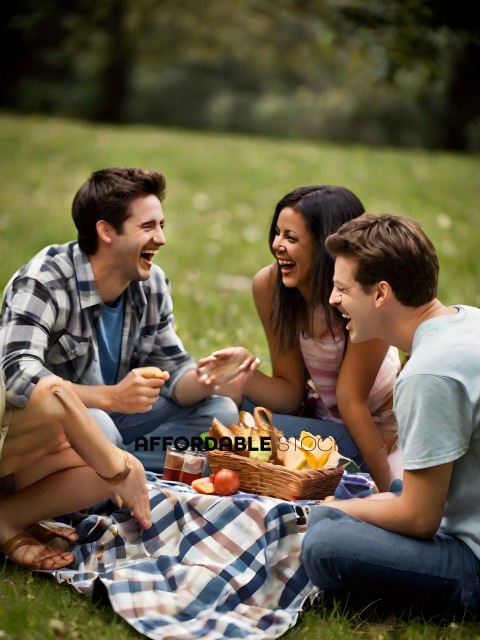Four friends laughing and enjoying a picnic together