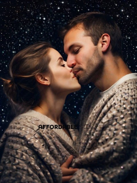 A couple kissing under a starry sky