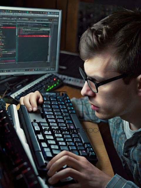 A man wearing glasses and a plaid shirt is typing on a computer