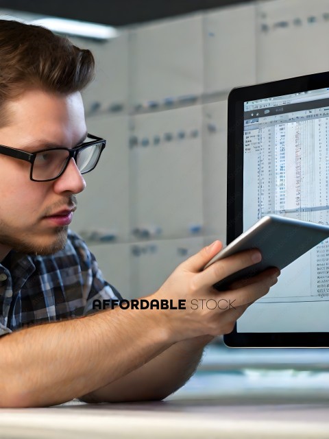 A man in a plaid shirt looking at a tablet