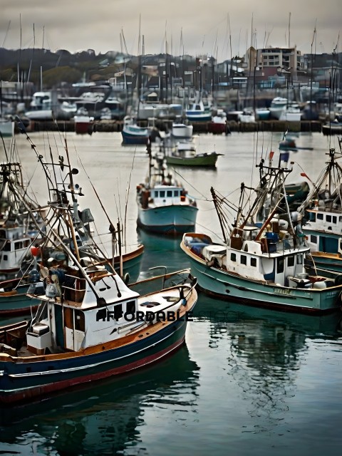 Boats in a harbor with a man standing on one