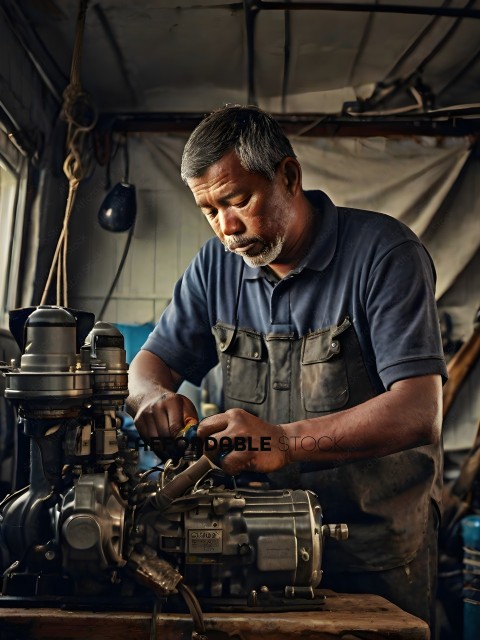 A man in a blue shirt and overalls working on a motor
