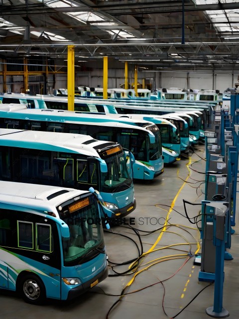 A row of buses parked in a garage