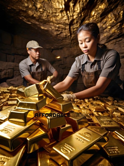 Two workers sort gold bars