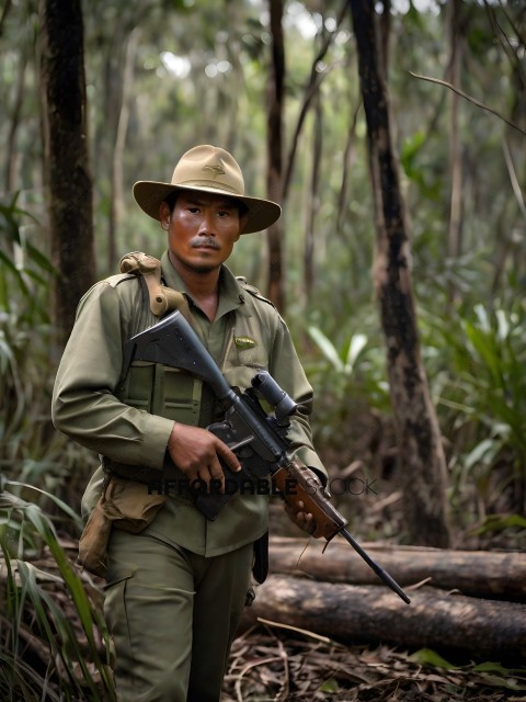 A soldier in a jungle with a gun
