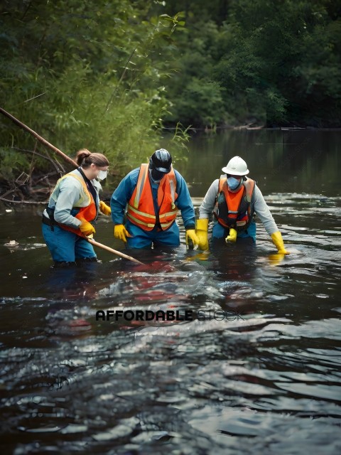 Three people in safety gear in a river