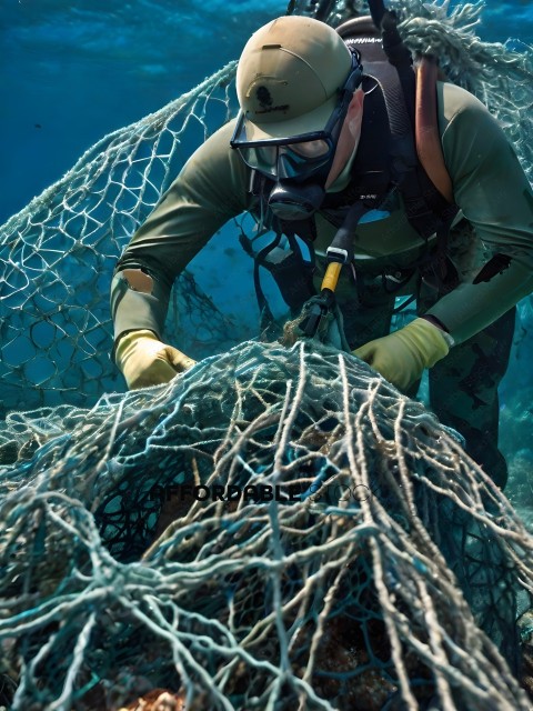 Diver in scuba gear pulling up a net