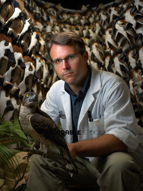 A man in a white coat and glasses is holding a bird