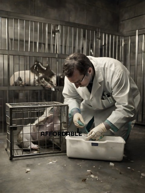 A scientist examines a pig in a cage