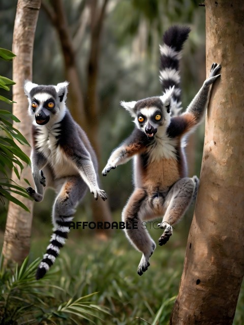Two black and white monkeys are sitting on a tree