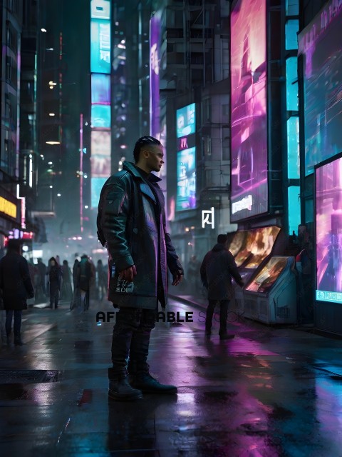 A man in a dark coat stands in a crowded city street