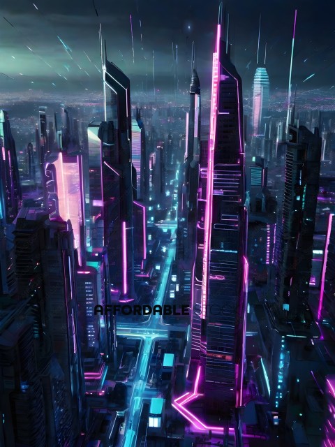 A futuristic cityscape with neon lights
