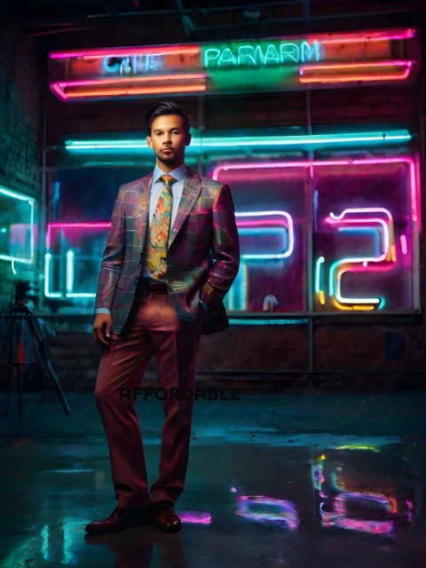 A man in a suit and tie stands in front of a neon sign