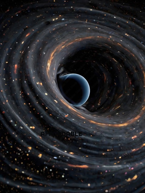 A black hole with a blue planet in the center