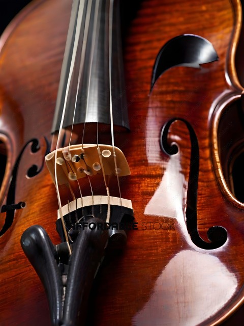 A close up of a violin with a wooden bow