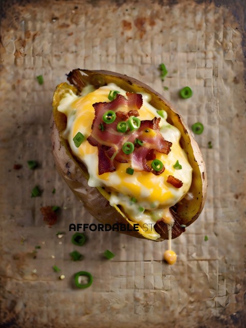 A delicious looking baked potato with cheese and bacon
