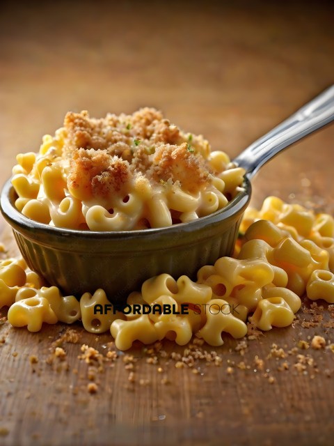 A bowl of macaroni and cheese with a fork