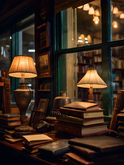 A bookshelf with a lamp and books