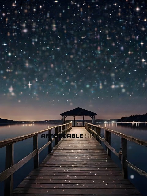 A pier at night with a gazebo and stars