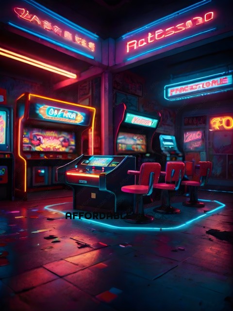 A neon lit arcade with a Pac-Man game
