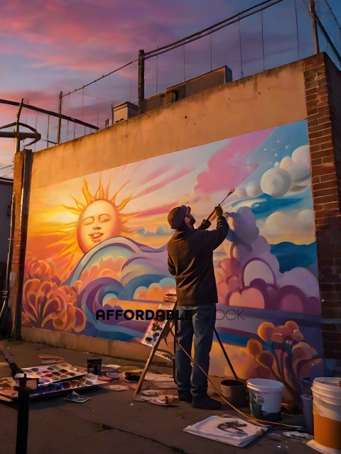 Man Painting Mural of Sun and Waves