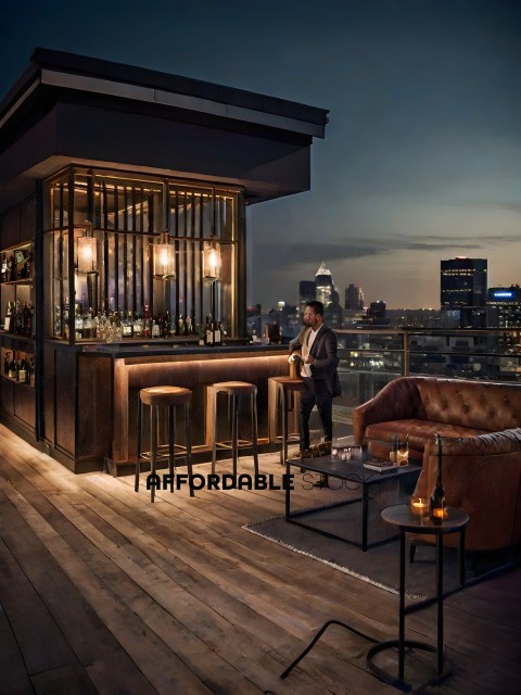 A man standing at a bar with a city view