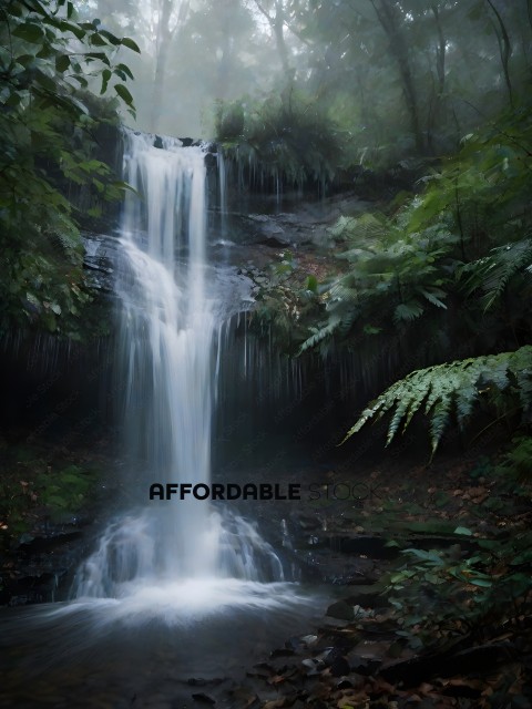 A waterfall in a forest with a misty atmosphere