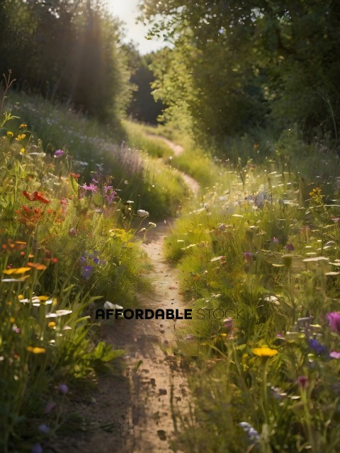A dirt pathway through a field of flowers