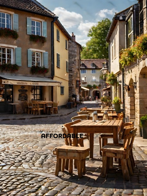 A view of a quaint European village with a cobblestone street and outdoor seating
