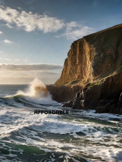 A large wave crashing against a rocky cliff