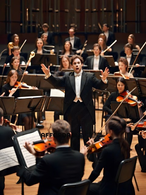 Conductor of an orchestra with a large group of musicians