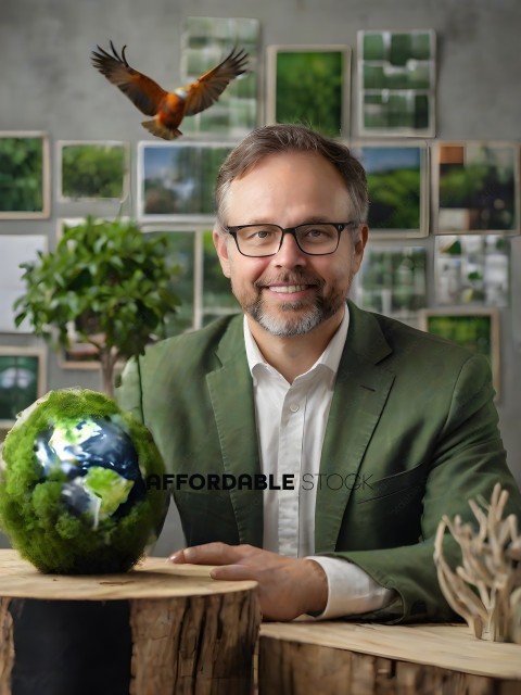 A man in a suit smiles at the camera while holding a globe