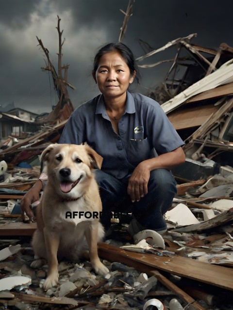 A woman and her dog in a destroyed area