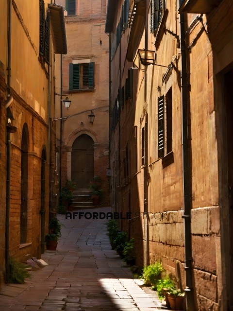 A narrow alleyway between two brick buildings