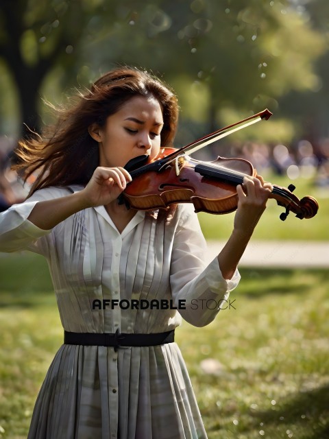 A woman playing a violin in a park