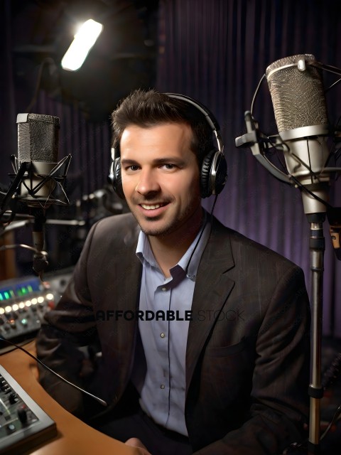 A man in a suit and headphones is sitting in a recording studio