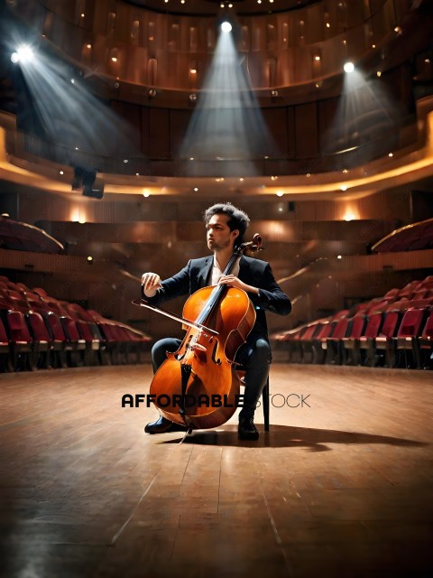 A man playing a cello in a large auditorium