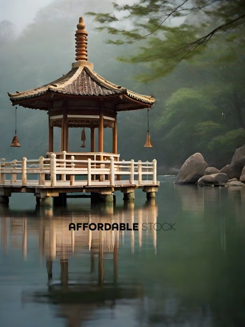 A wooden gazebo with a pagoda roof overlooking a body of water