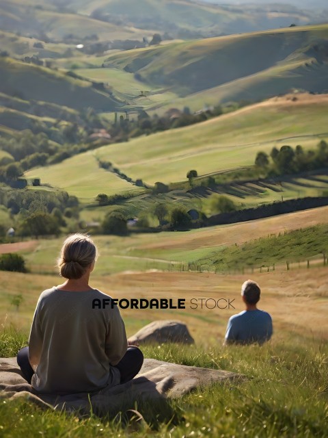 Two people sit in a field with a mountain in the background